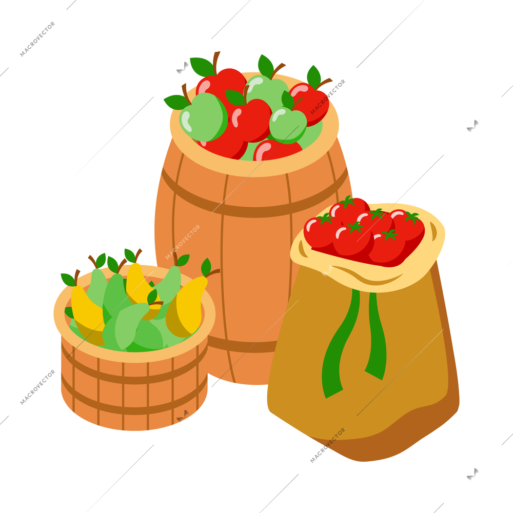 Farm local market isometric composition with isolated view of sacks filled with vegetables and fruits vector illustration