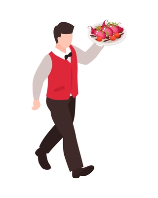 Isometric restaurant composition with isolated human character of waiter with tray vector illustration