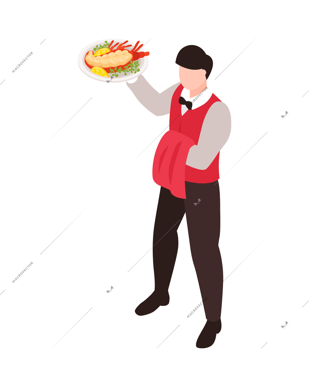 Isometric restaurant composition with isolated human character of waiter with tray vector illustration