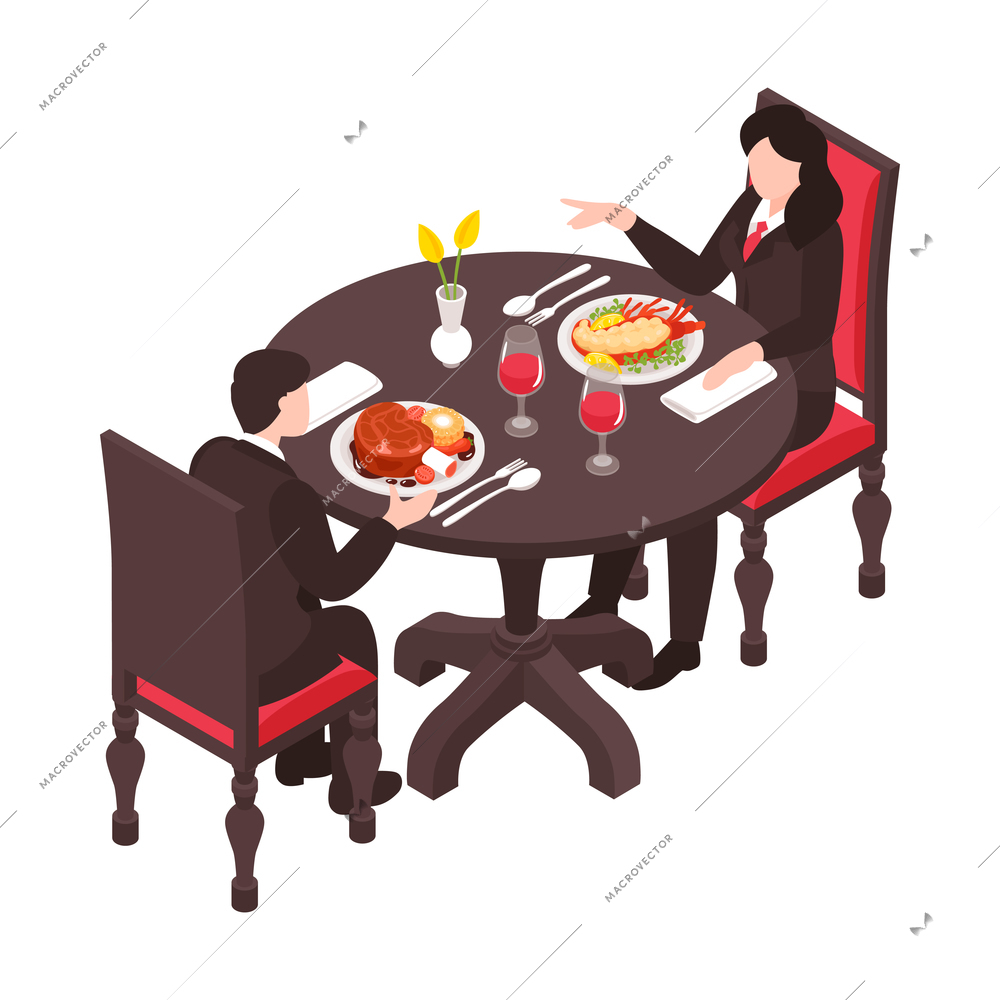 Isometric restaurant composition with isolated human characters of guests at table vector illustration