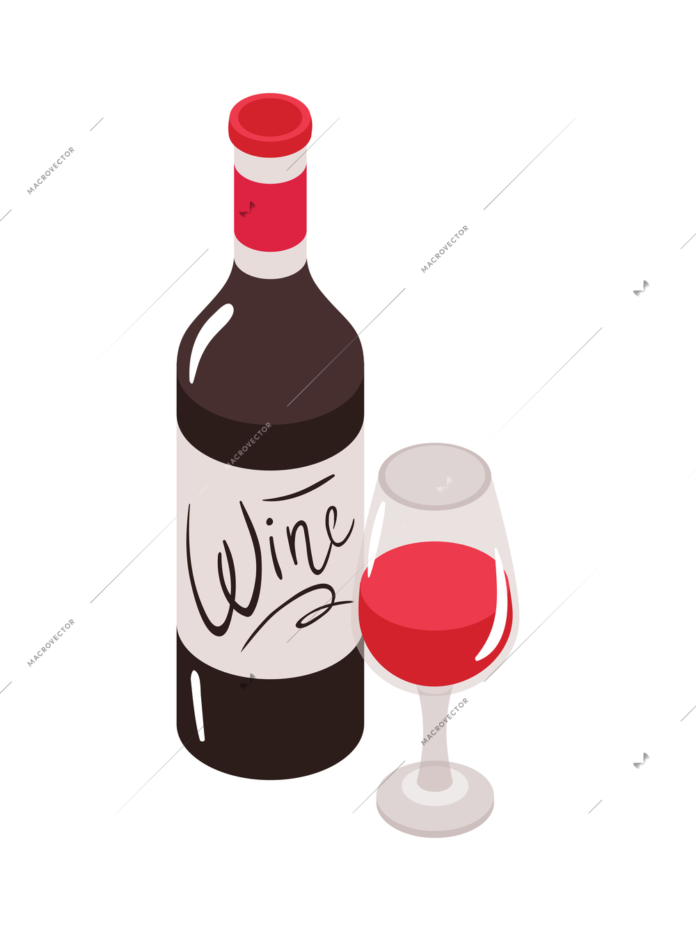 Isometric restaurant composition with isolated image of wine bottle with glass vector illustration