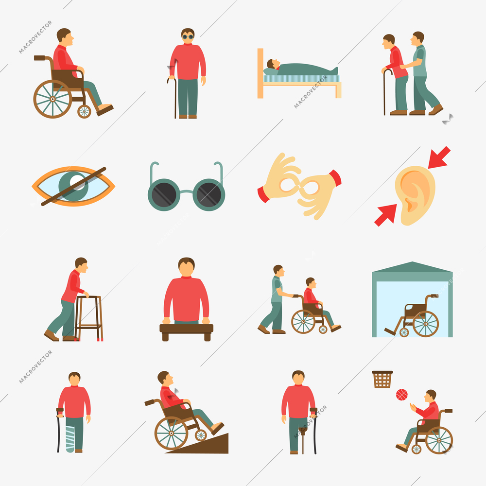 Disabled people care help assistance and accessibility flat icons set isolated vector illustration