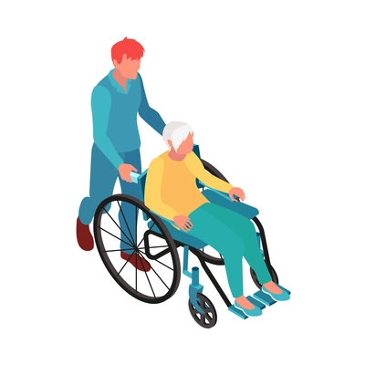 Isometric nursing home composition with isolated human characters of assistants with elderly persons vector illustration