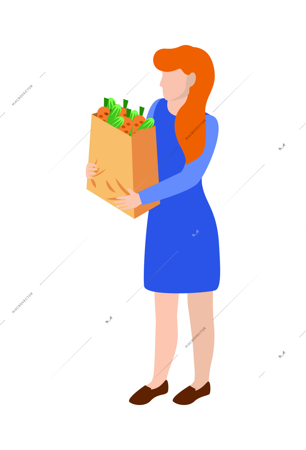 Farm local market isometric composition with isolated human character holding fresh vegetables vector illustration