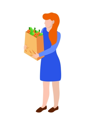 Farm local market isometric composition with isolated human character holding fresh vegetables vector illustration