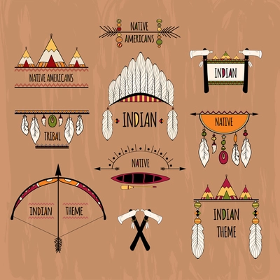 Indian native americans tribal aztec decorative elements colored sketch labels set isolated vector illustration