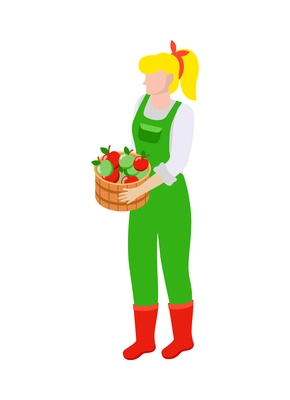 Farm local market isometric composition with isolated human character holding fresh vegetables vector illustration