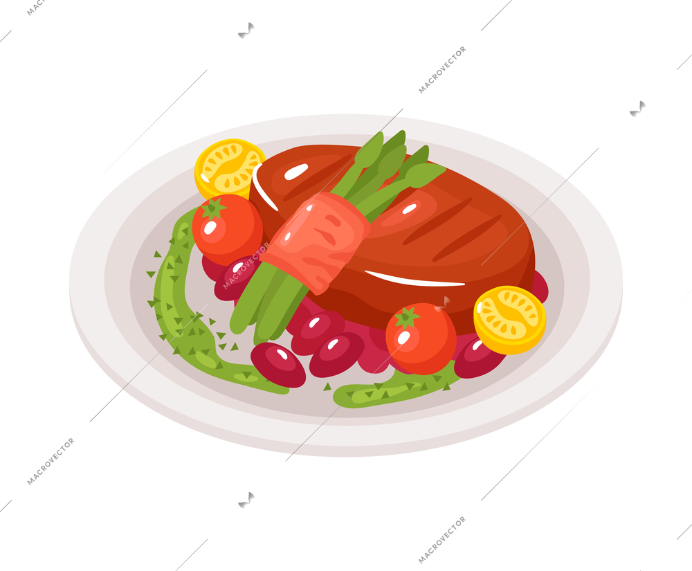 Isometric restaurant composition with isolated image of served gourmet dish vector illustration