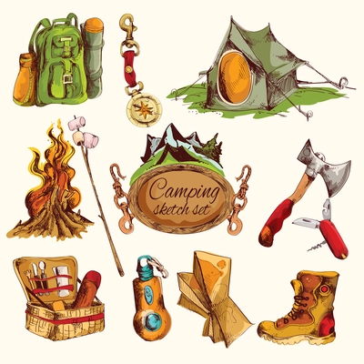 Camping sketch colored set with military boots axe knife compass isolated vector illustration