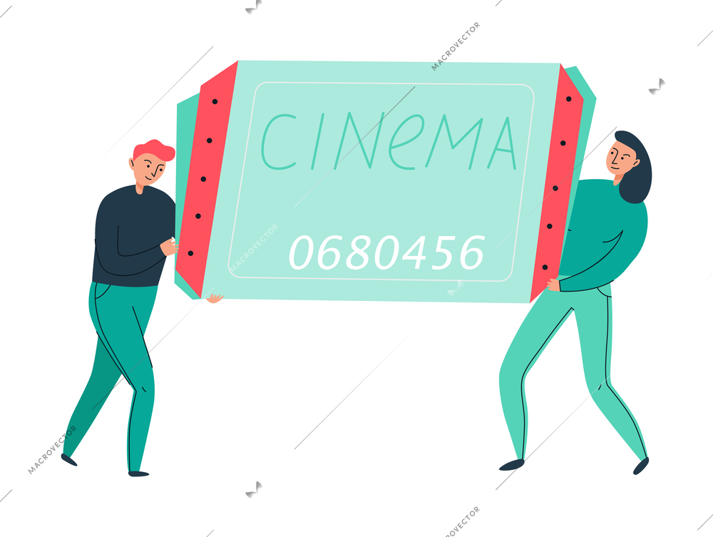 Cinema movie composition with isolated film images and flat doodle style human characters vector illustration