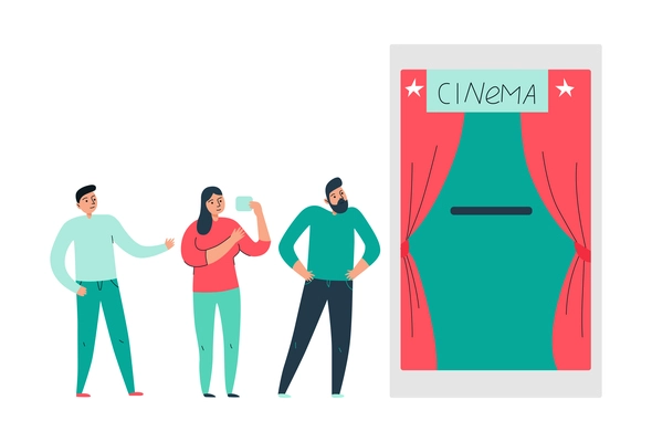 Cinema movie composition with isolated film images and flat doodle style human characters vector illustration