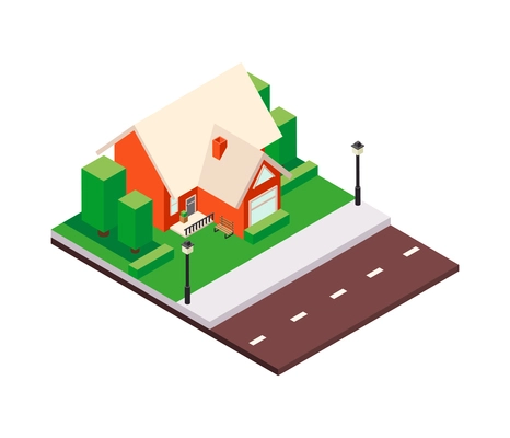 Modern city architecture isometric buildings composition with platform piece of street pavement and house vector illustration