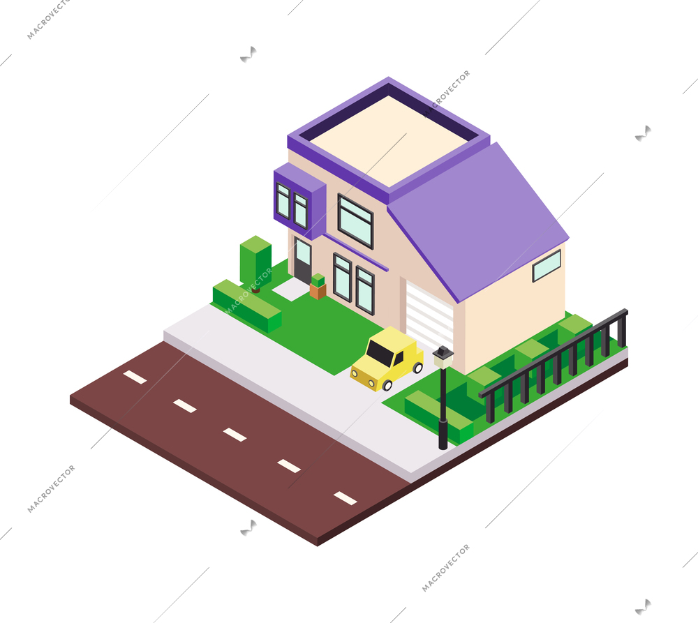 Modern city architecture isometric buildings composition with platform piece of street pavement and house vector illustration