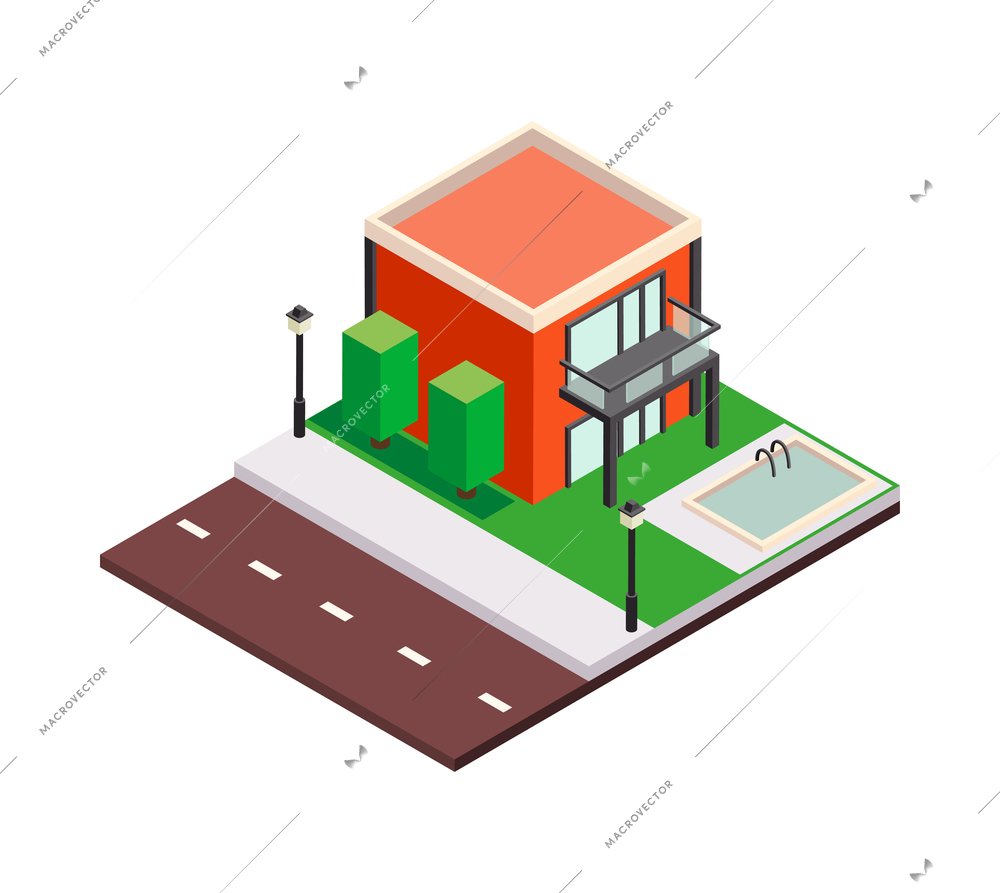 Modern city architecture isometric buildings composition with platform piece of street pavement and house vector illustration