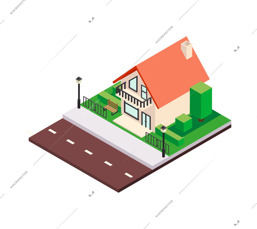 Modern city architecture isometric buildings composition with platform piece of street pavement and house vector illustration