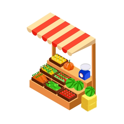 Farm local market isometric composition with isolated view of market stall with natural homemade products vector illustration