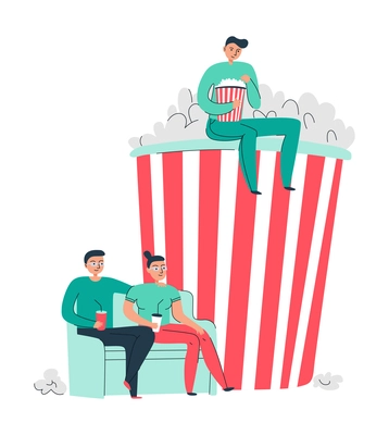 Cinema movie composition with isolated film images and flat doodle style human characters vector illustration