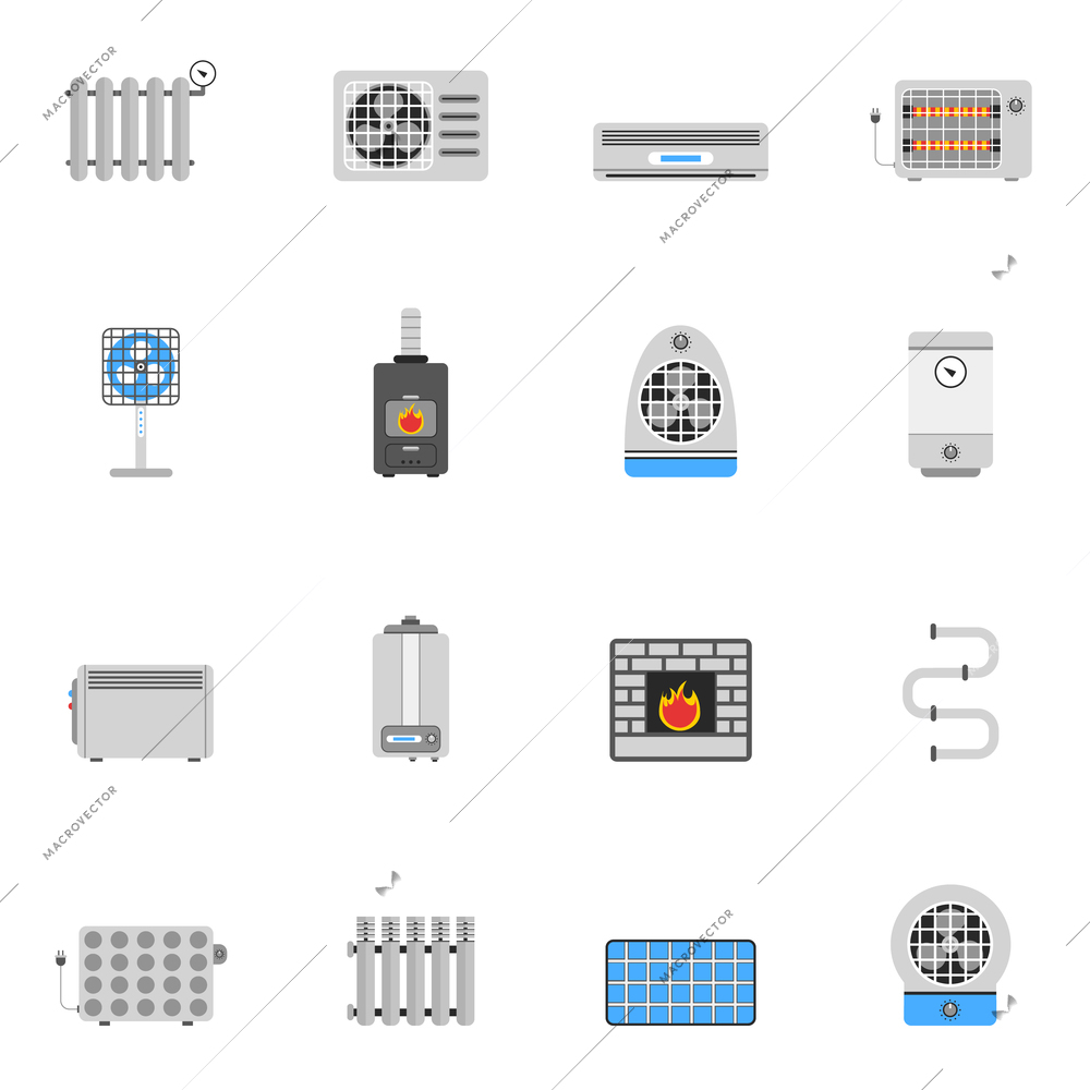 Heating and cooling air conditioning equipment flat icon set isolated vector illustration