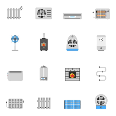 Heating and cooling air conditioning equipment flat icon set isolated vector illustration