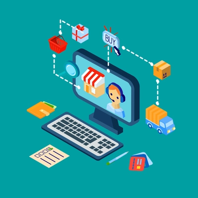 Online shopping customer support concept with computer and e-commerce isometric decorative icons vector illustration