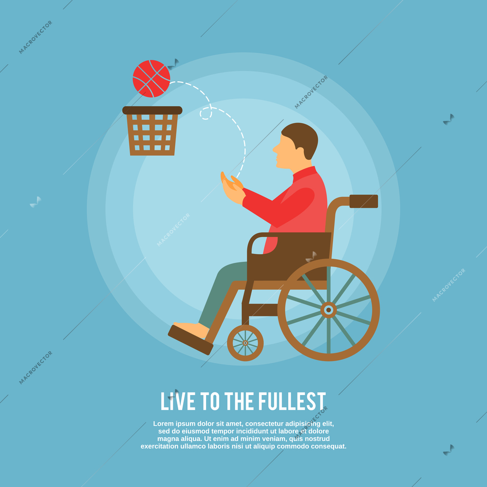 Disability sports with poster disabled man in wheelchair playing basketball vector illustration