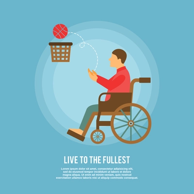 Disability sports with poster disabled man in wheelchair playing basketball vector illustration