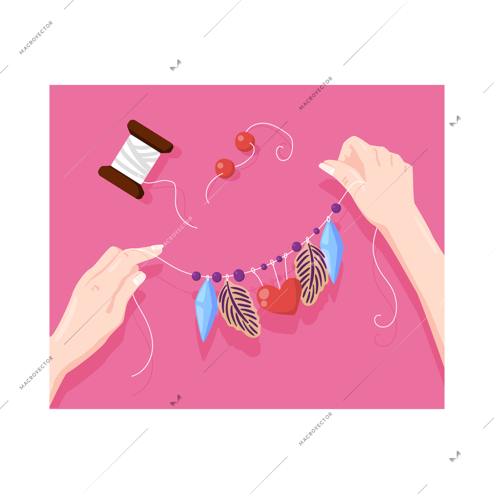 Handmade composition with flat rectangular image of human hands and crafts vector illustration