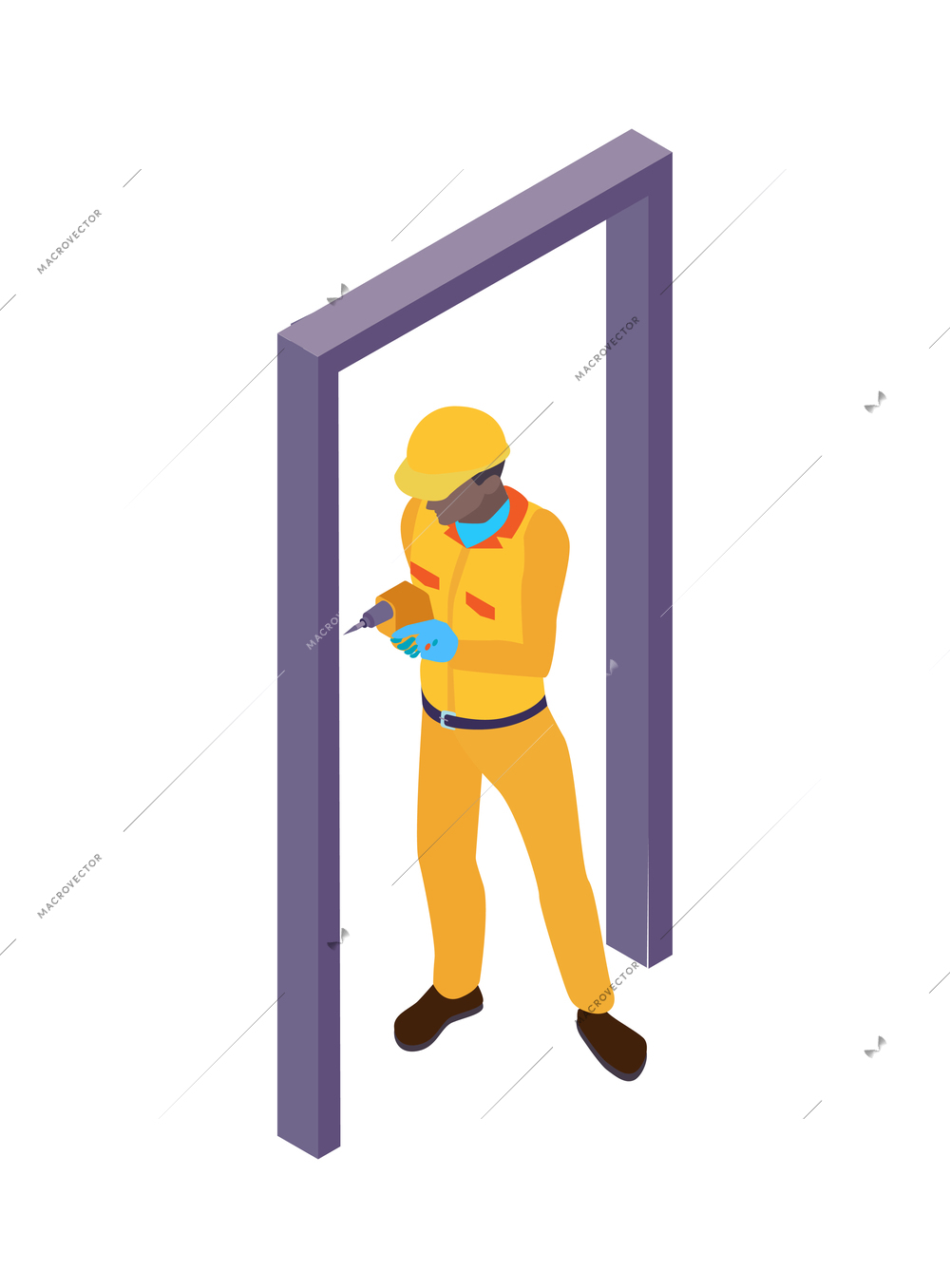 Isometric home repair composition with human character of craftsman in yellow uniform vector illustration