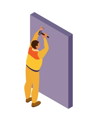 Isometric home repair composition with human character of craftsman in yellow uniform vector illustration