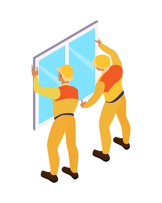 Isometric home repair composition with human characters of craftsmen in yellow uniform vector illustration