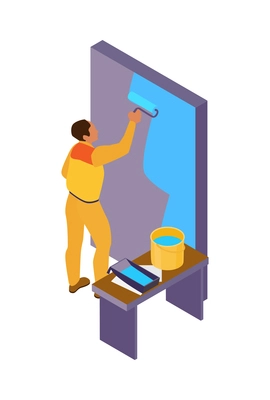 Isometric home repair composition with human character of craftsman in yellow uniform vector illustration