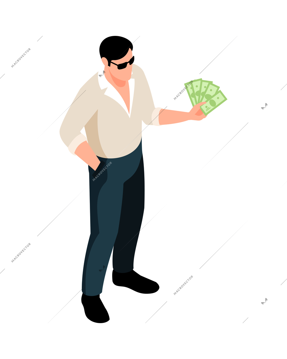 Isometric money rich man shopping composition with isolated human character of rich person vector illustration