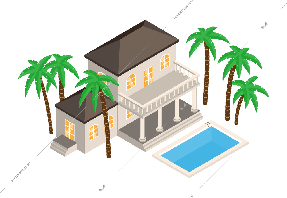 Isometric money rich man shopping composition with isolated view of luxury villa with pool and palms vector illustration