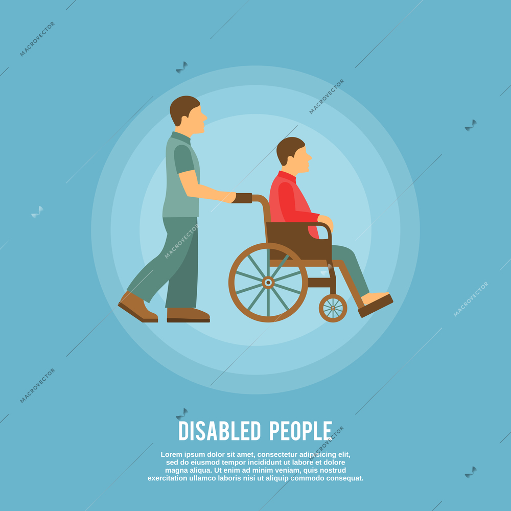 Disabled male person sitting in wheelchair and hospital assistant poster vector illustration