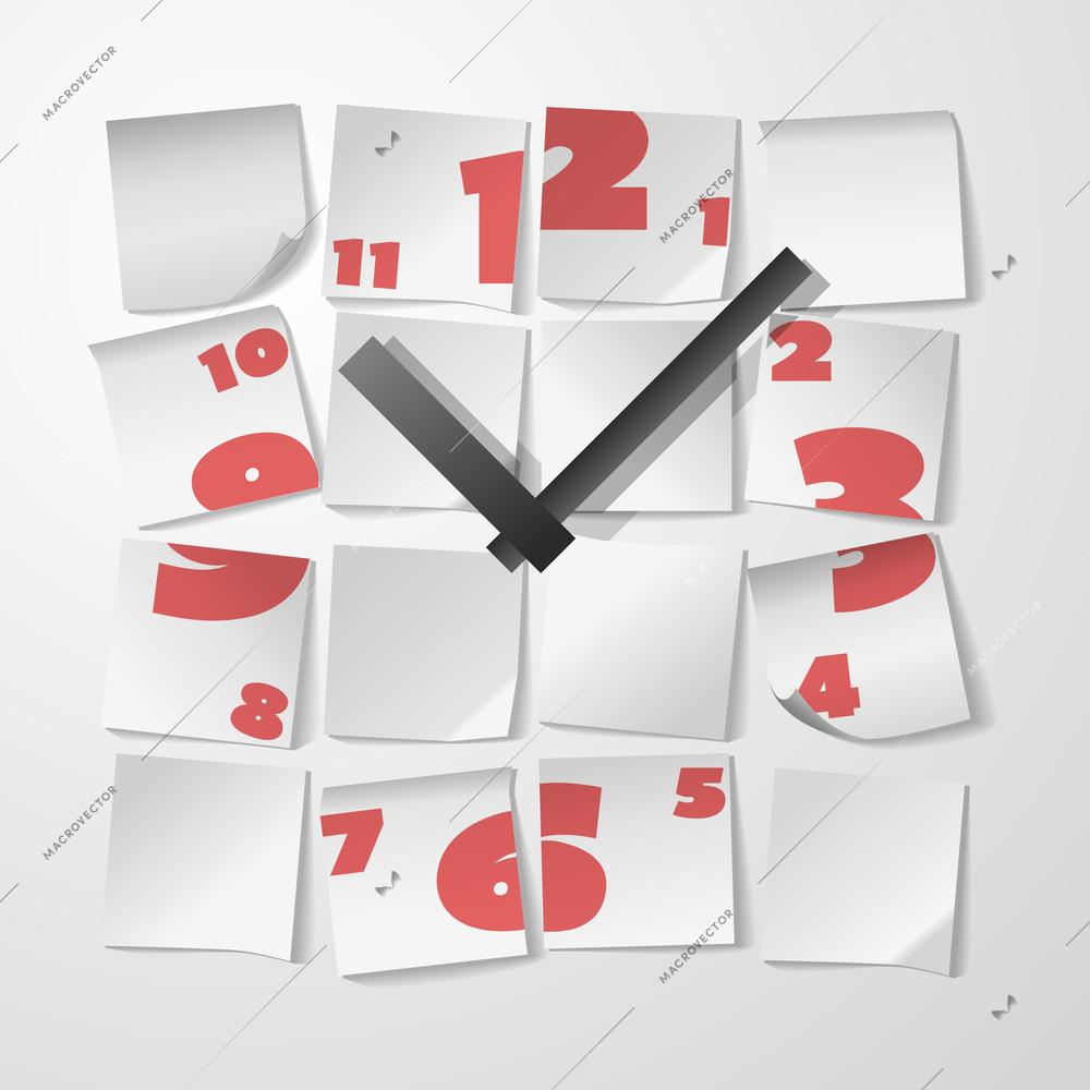 Creative clock with digits from stickers to take notes vector illustration