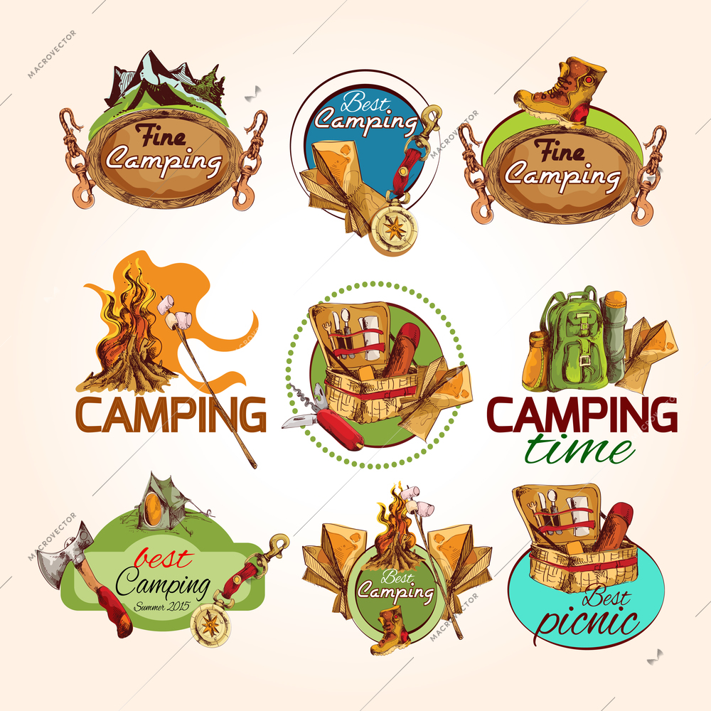 Camping time best fine summer picnic sketch colored emblems set isolated vector illustration