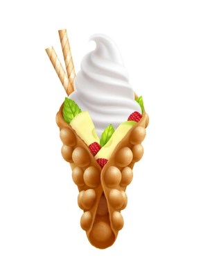 Bubble hong kong waffles with fruits realistic composition with isolated image of ice cream with topping vector illustration