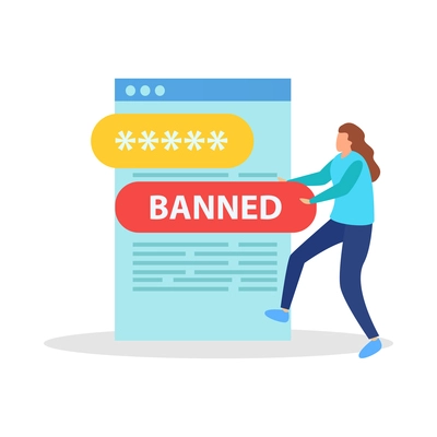 Internet blocking flat composition with isolated ban signs messages and computer windows with people vector illustration