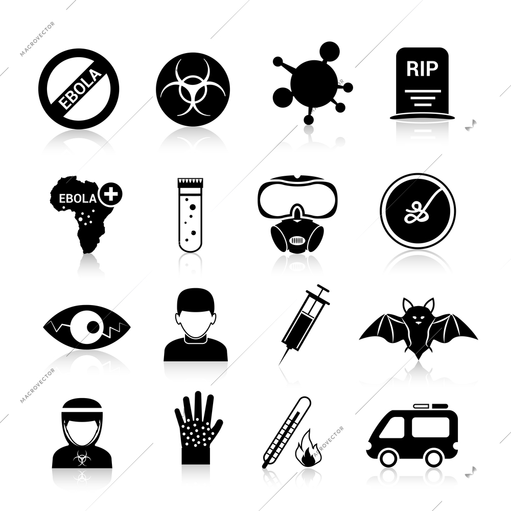 Ebola virus deadly infection symptoms black icons set with thermometer flask bat isolated isolated vector illustration