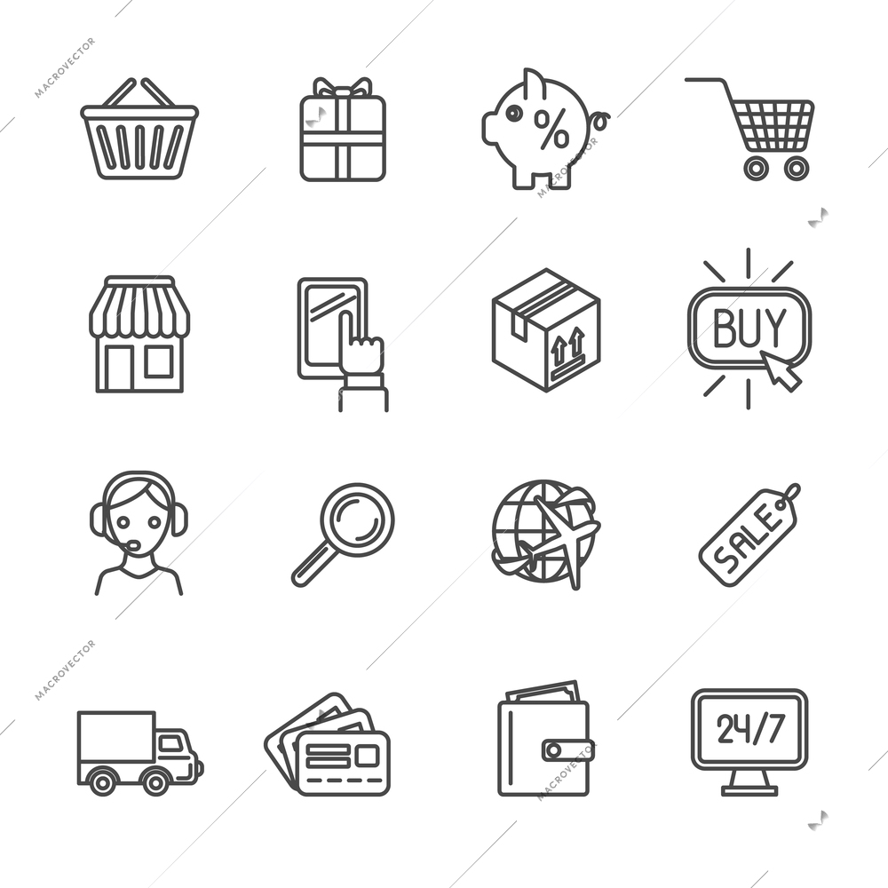 Online shopping worldwide delivery e-commerce outline icons set isolated vector illustration