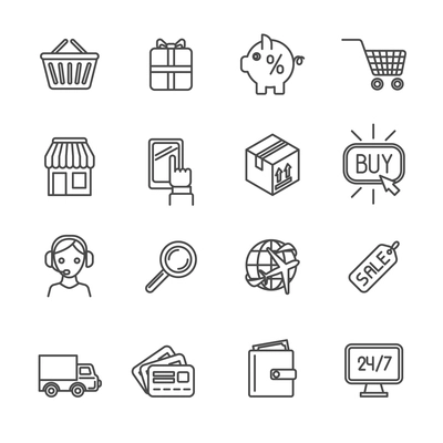 Online shopping worldwide delivery e-commerce outline icons set isolated vector illustration