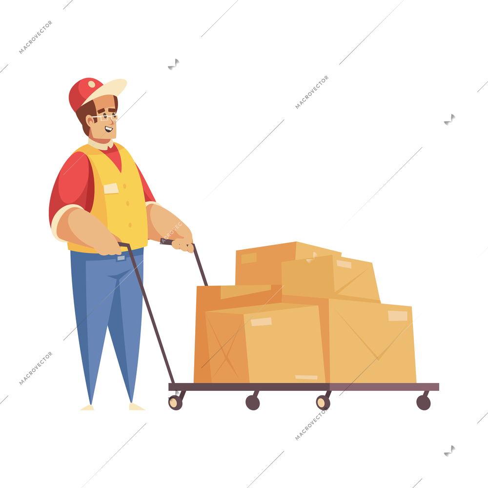 Delivery composition with isolated doodle style human character of service worker with parcels vector illustration