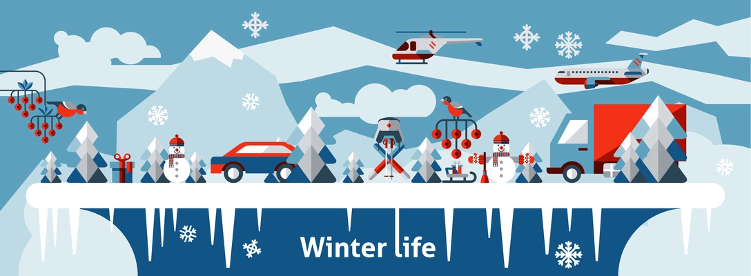Winter life landscape background with sport holiday elements vector illustration.