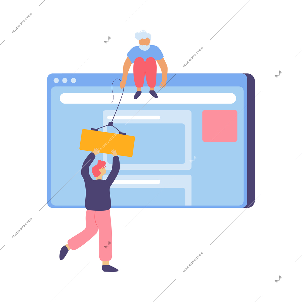 Web development flat composition with icons of website elements and human characters with tools vector illustration