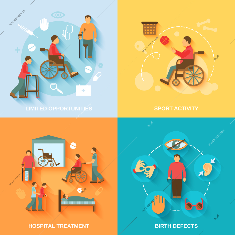 Disabled flat icons set with limited opportunities sport activity hospital treatment birth defects isolated vector illustration