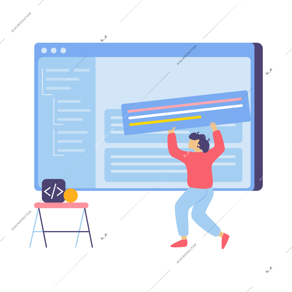 Web development flat composition with icons of website elements and human characters with tools vector illustration