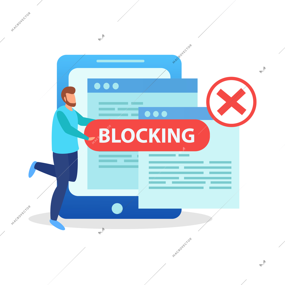 Internet blocking flat composition with isolated ban signs messages and computer windows with people vector illustration