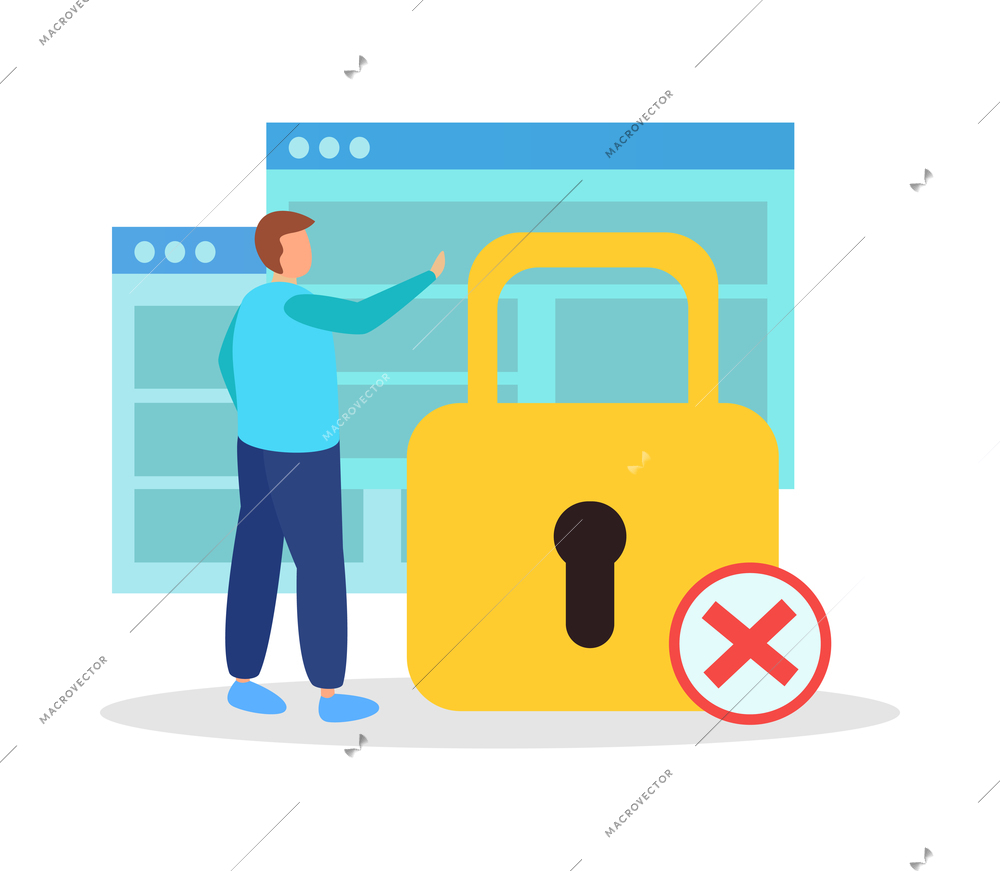 Internet blocking flat composition with isolated ban signs messages and computer windows with people vector illustration