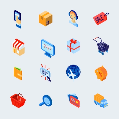 Online shopping customer support e-commerce isometric decorative icons set isolated vector illustration