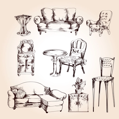 Furniture sketch decorative icons set of chair table sofa isolated vector illustration.